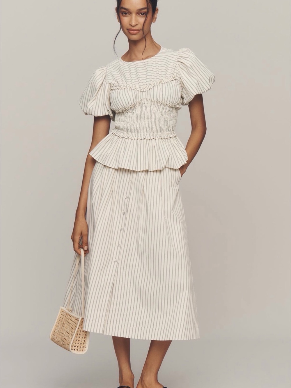 Anthropologie En Saison Striped Button-Front Midi Skirt - ivory/navy - Picture 2 of 8